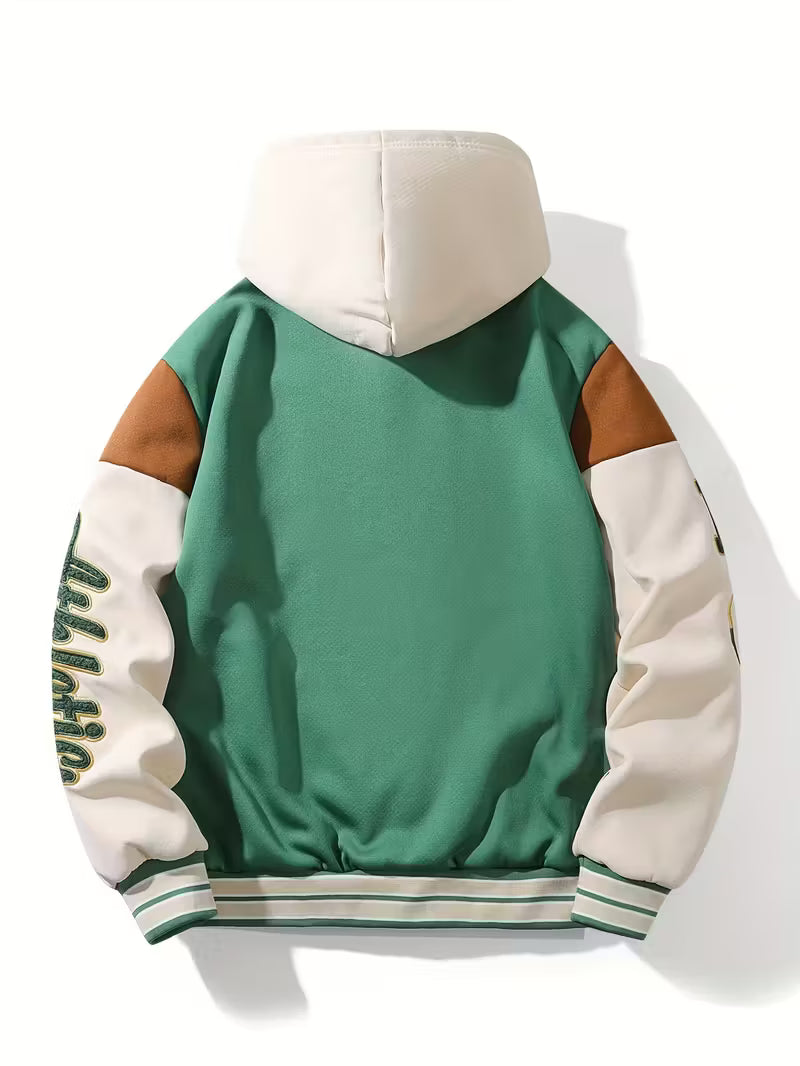 Men'S Casual Hooded Baseball Jacket with Embroidered Lettering