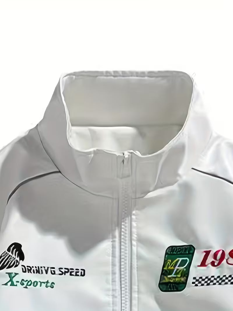 Men'S Stylish White Bomber Jacket with "MEPINKANG" Print - Zip-Up, Long Sleeve, Polyester, Casual Outerwear, Casual Outerwear | Modern Men'S Jacket | Zippered Jacket