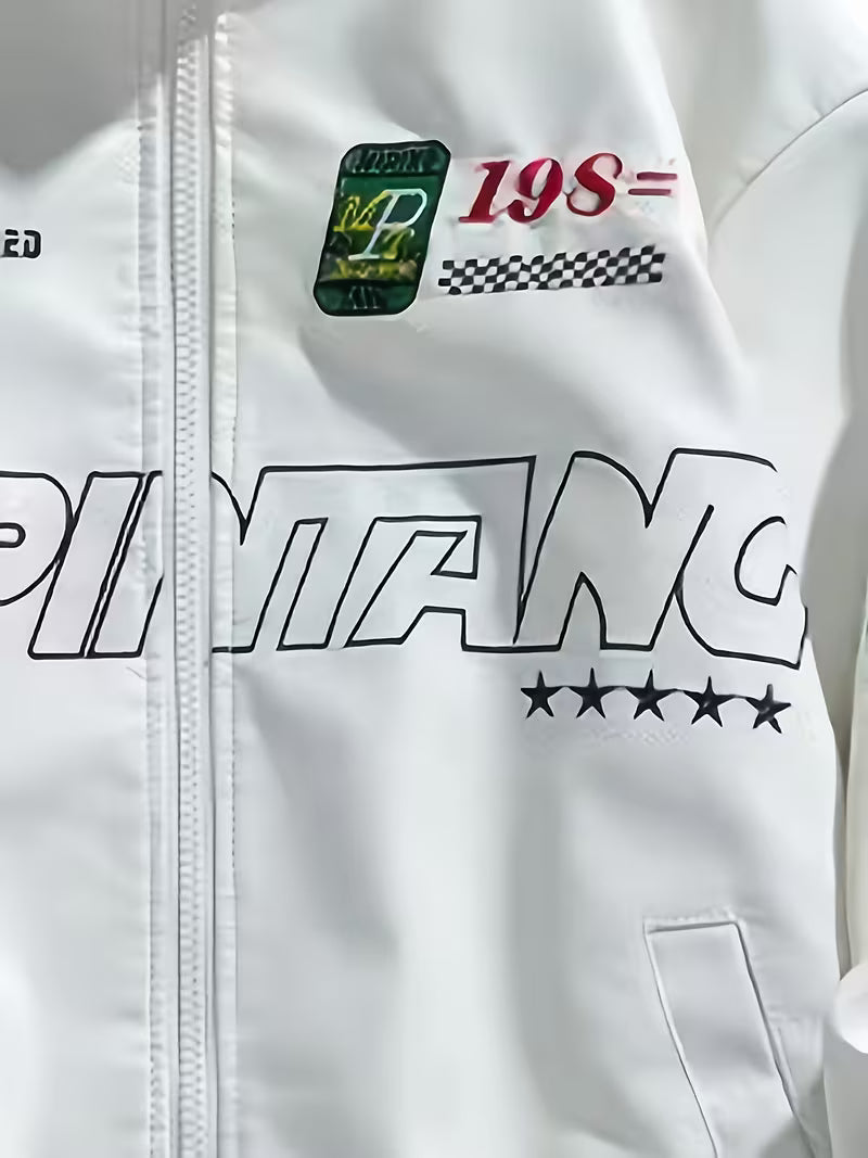 Men'S Stylish White Bomber Jacket with "MEPINKANG" Print - Zip-Up, Long Sleeve, Polyester, Casual Outerwear, Casual Outerwear | Modern Men'S Jacket | Zippered Jacket