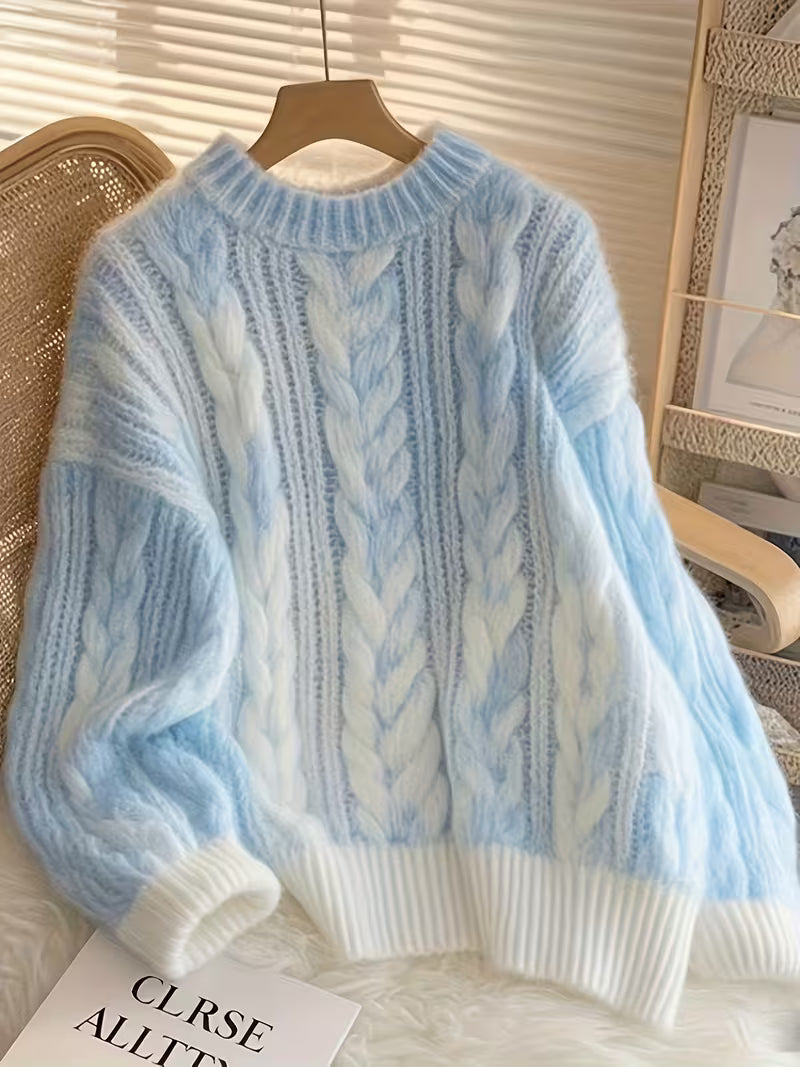 Women'S Cozy Cable Sweater - Soft Blue & White Two-Tone Long Sleeve
