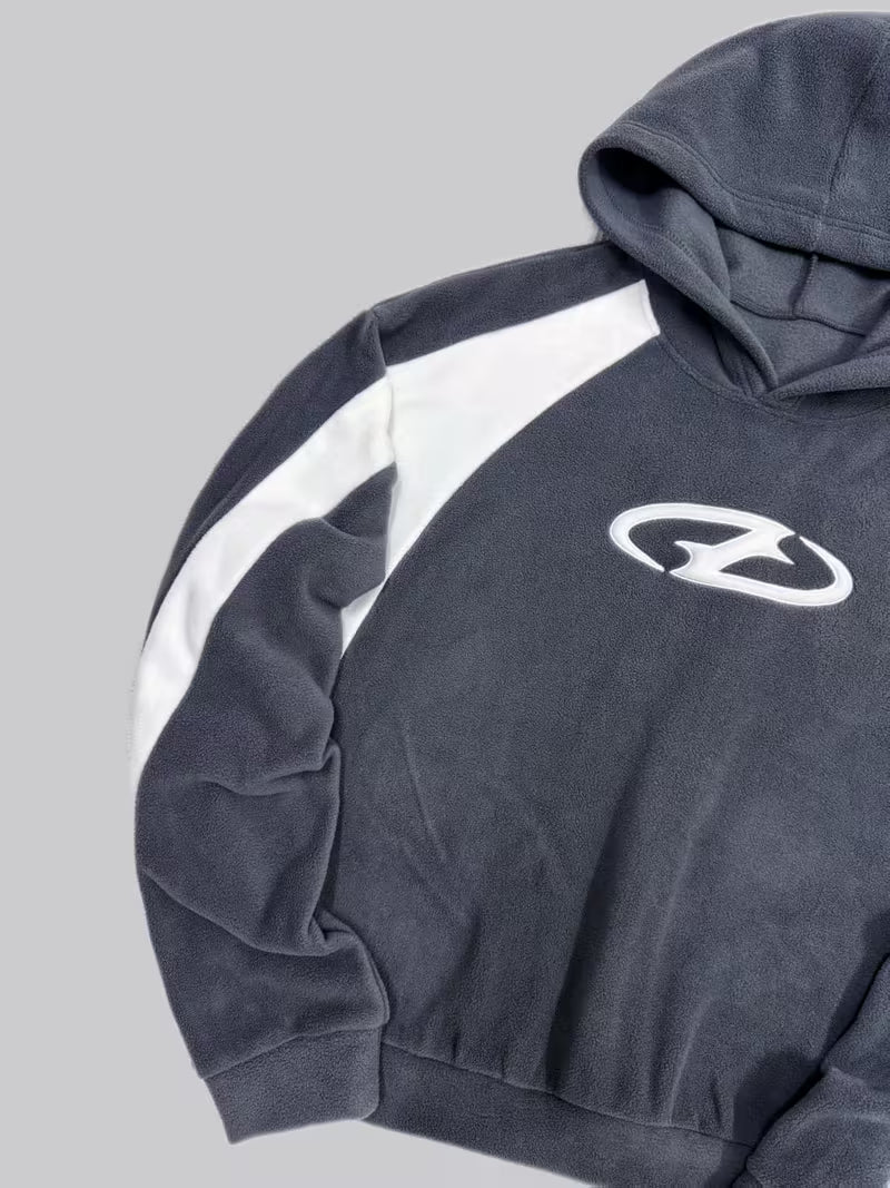 Heavy-Duty Plush Hooded Sweatshirt with Greek Letter Zeta Logo Embellishment - Grey/White Two-Tone Casual Winter Sweater, Hand Washable Non-Stretch Fabric for Cold Weather