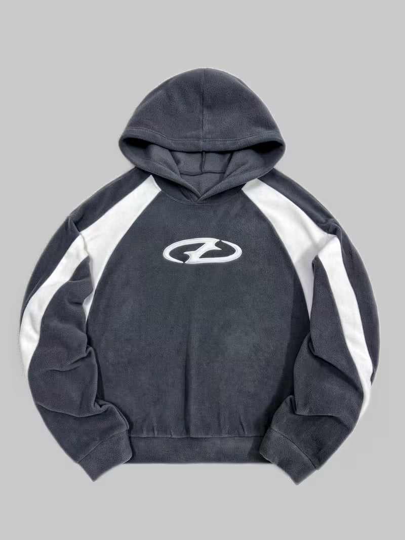 Heavy-Duty Plush Hooded Sweatshirt with Greek Letter Zeta Logo Embellishment - Grey/White Two-Tone Casual Winter Sweater, Hand Washable Non-Stretch Fabric for Cold Weather