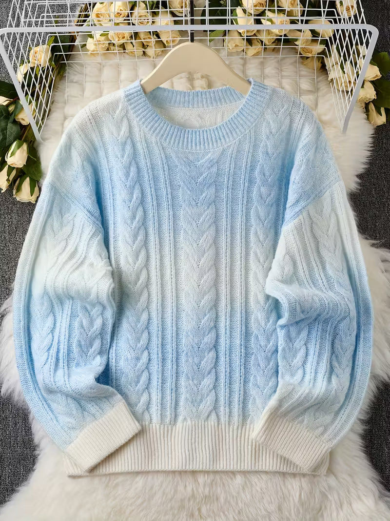 Women'S Cozy Cable Sweater - Soft Blue & White Two-Tone Long Sleeve