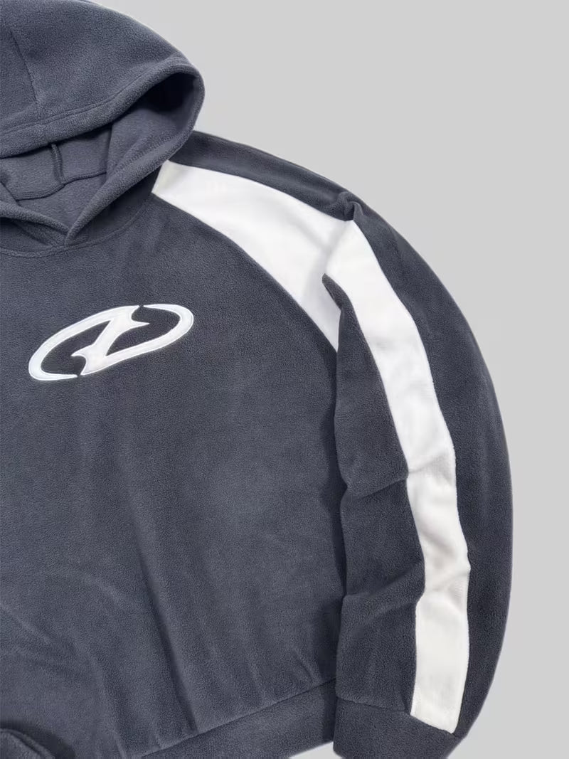 Heavy-Duty Plush Hooded Sweatshirt with Greek Letter Zeta Logo Embellishment - Grey/White Two-Tone Casual Winter Sweater, Hand Washable Non-Stretch Fabric for Cold Weather